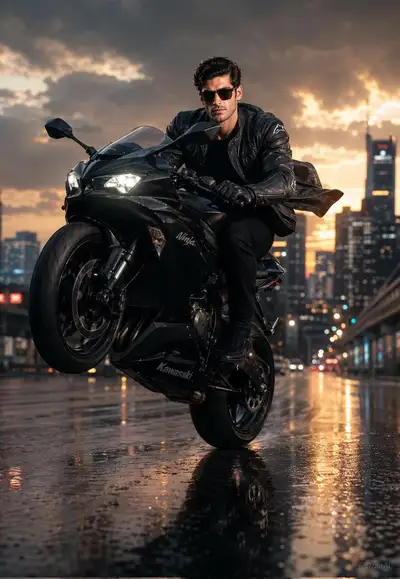 Hyper-realistic biker portrait at sunset