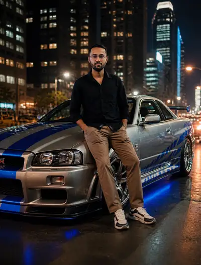 2000s Street Racing Woman with Nissan Skyline GTR