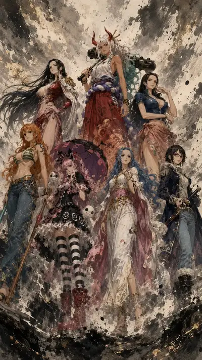 Personagens de One Piece em estilo de pintura a tinta e óleo