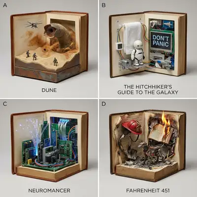 Prompt de diorama de escultura cinetica de libro de ciencia ficcion