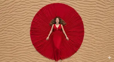 Woman on Sand Dune Top-Down Fashion Photo
