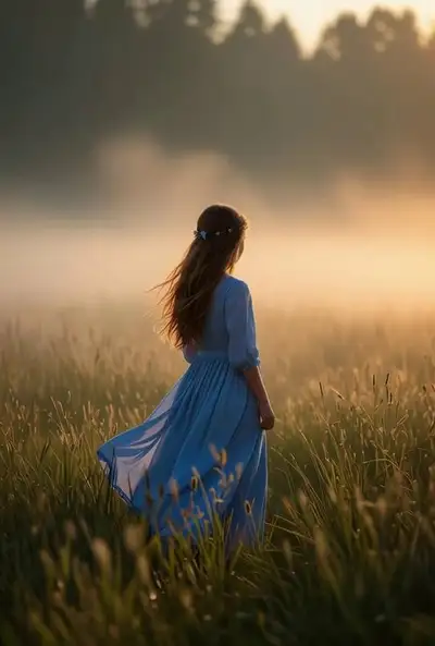 Village girl in foggy meadow at sunrise