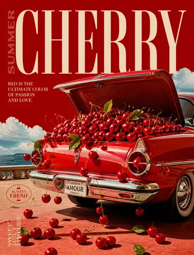 Vintage red car overflowing with cherries poster