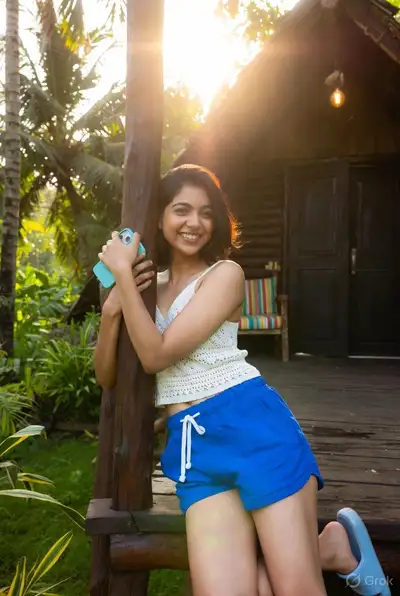 Indian Woman Leaning on Wooden Pillar in Tropical Setting