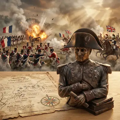Museum product shot of a Napoleon bust with battlefield backdrop