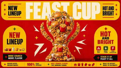 Retro-Werbeplakat mit einer aus Produkten geformten Trophäenskulptur