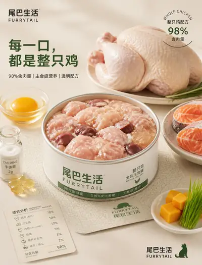 Premium pet food brand hero visual with whole chicken can