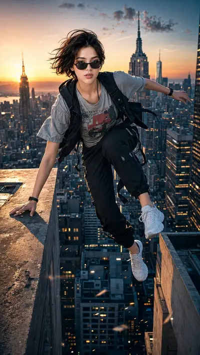 Cinematic Rooftop Parkour Action Portrait