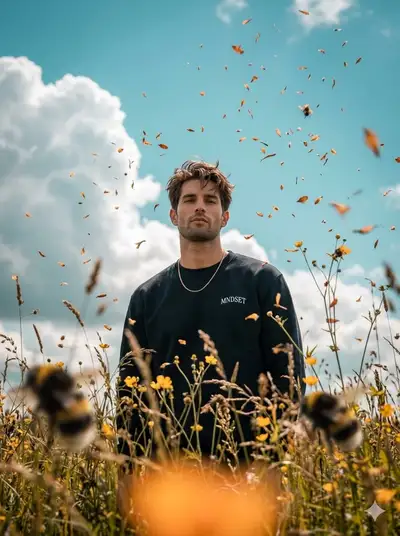 Portrait en contre-plongée extrême à travers des abeilles et des fleurs sauvages