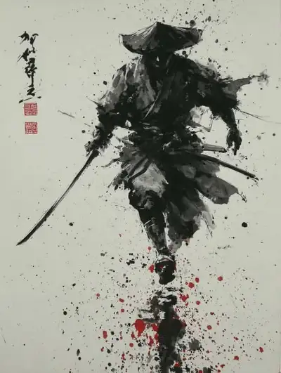 Samurai ronin in sumi-e ink wash painting style