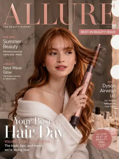 Prompt de portada de revista de belleza de prestigio con herramienta de peinado