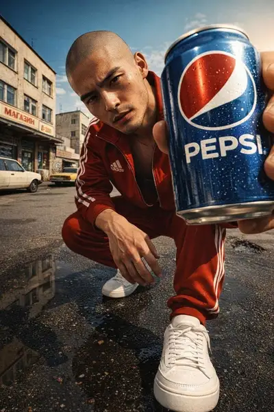 Retrato callejero en ángulo bajo sosteniendo una lata de Pepsi