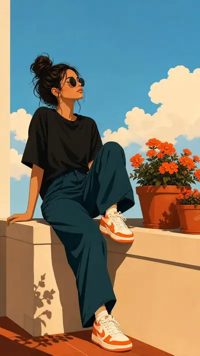 Flat digital illustration of a woman on a balcony