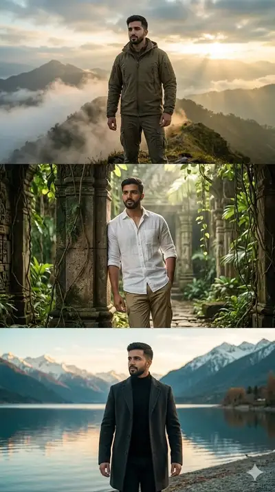 Three panel vertical cinematic collage of a man in different landscapes