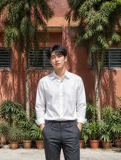 Photorealistic portrait of a man against a terracotta wall with tree shadows
