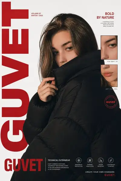 Moody puffer jacket winter fashion editorial poster