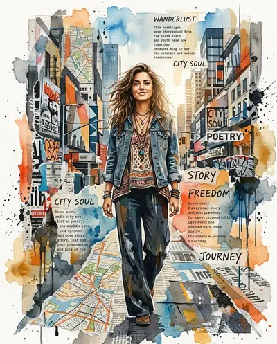 Cinematic Mixed-Media Collage of a Free-Spirited Woman