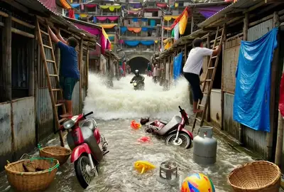 Tsunami Escape Through Hillside Bazaar - Video Prompt