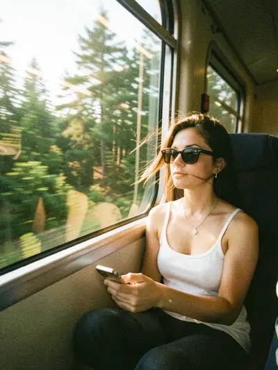 Nostalgic toy-camera style photo of a woman gazing from a train window