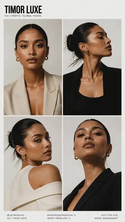 High-fashion 2x2 editorial poster grid of a Timorese model