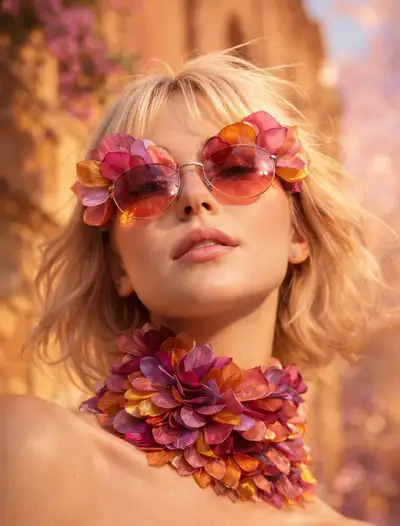 Editorial close-up with sculptural flower petal sunglasses