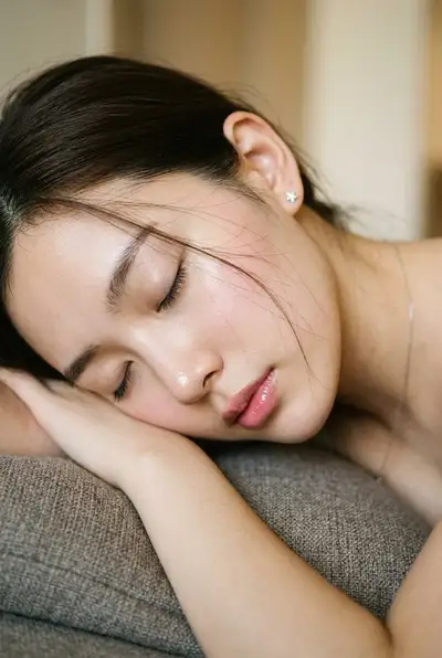 Extreme close-up portrait of a woman resting with eyes closed
