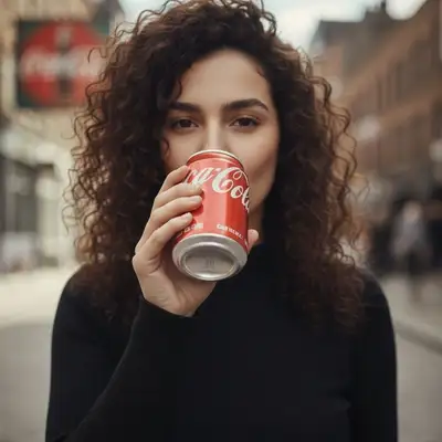Cinematic lifestyle shot of a woman sipping a soda on a city street