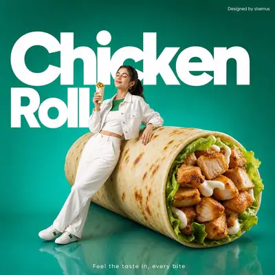 Minimalist chicken roll fast food advertisement with model