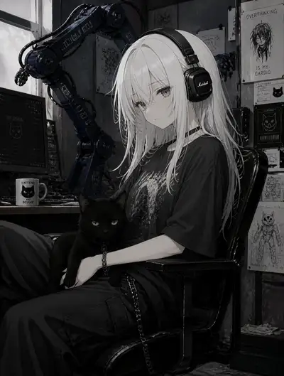 Recolor edit turning a cat black and swapping headphones to Marshall