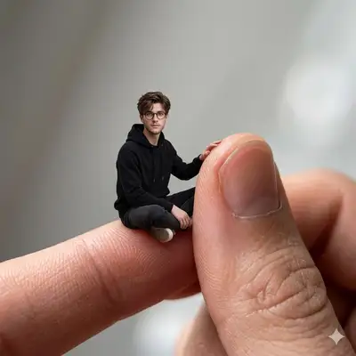 Hyper-realistic macro photo of tiny character