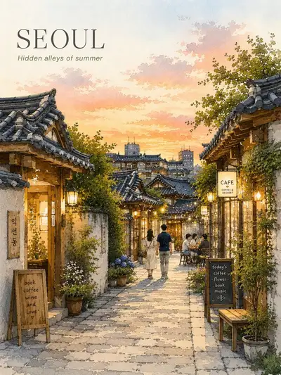 Charming Seoul Travel Poster in Watercolor Style