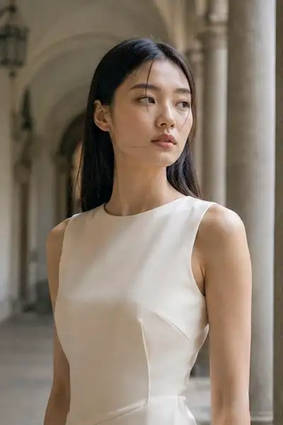 Retrato arquitectónico minimalista de modelo coreana en el claustro de Brera