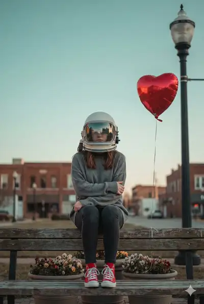 Whimsical portrait of a person in an astronaut helmet on a park bench