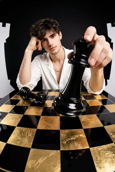 Fisheye chess-piece close-up fashion portrait