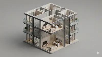 Minimal 3D isometric architectural cutaway diorama template