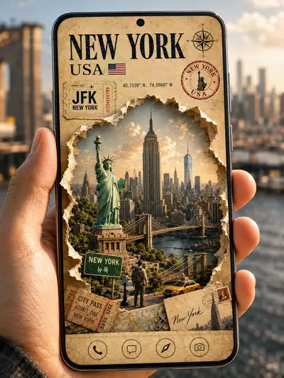 Cinematic 3D Travel Poster with Smartphone Display