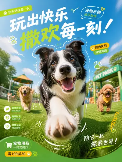 Playful border collie pet product poster with fisheye perspective