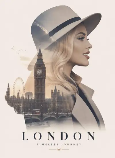 Double exposure travel poster with city skyline silhouette