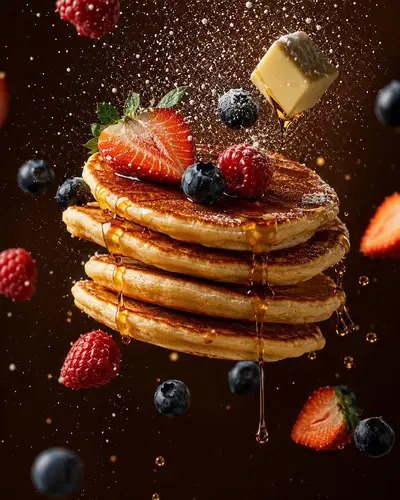 Levitating pancake stack with maple drip - warm spotlight shot