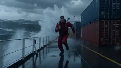 Prompt de video cinematográfico de rescate en tormenta desde un carguero