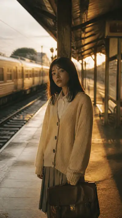 Cinematic Portrait of a Woman on a Train Platform