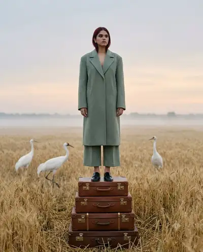 Surreal Editorial Fashion: Figure on Suitcase Tower in Wheat Field