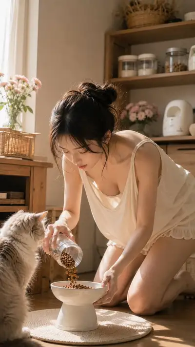 Japanese morning lifestyle photo feeding a cat