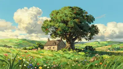 Ghibli-artige Steinhütten-Landschaft auf dem Land