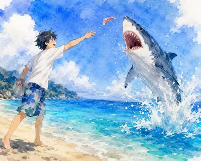 Boy and Shark Beach Friendship Anime Watercolor Prompts