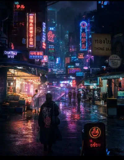 Cyberpunk Night Market Rain Scene