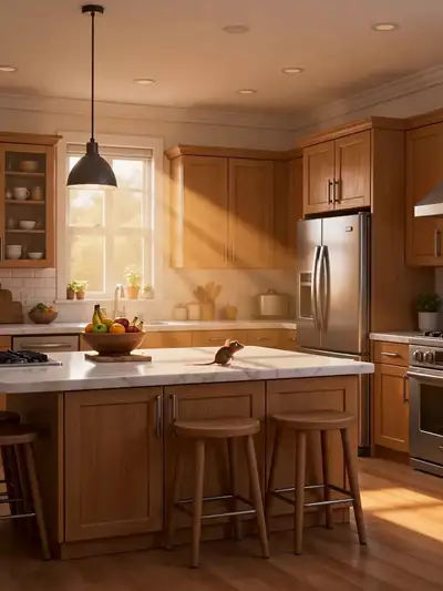 Pixar-style cat and mouse become friends in a sunlit kitchen