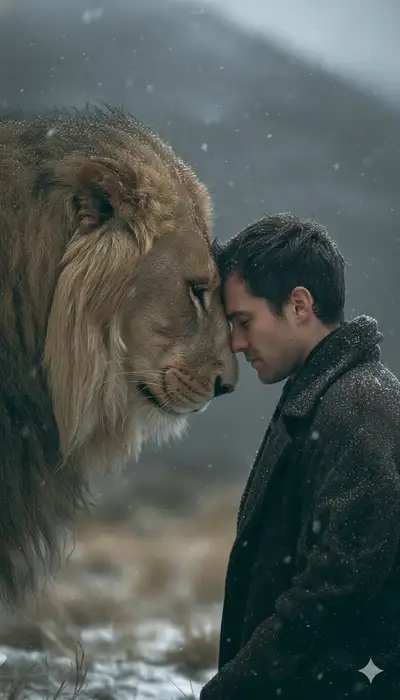 Cinematic Man and Lion in Snowy Landscape