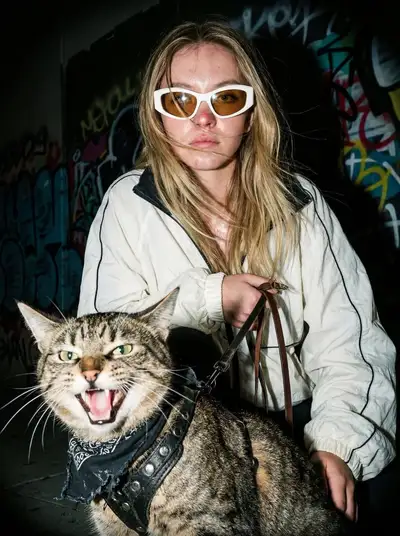 Paparazzi-style flash photo of a woman with a hissing leashed cat