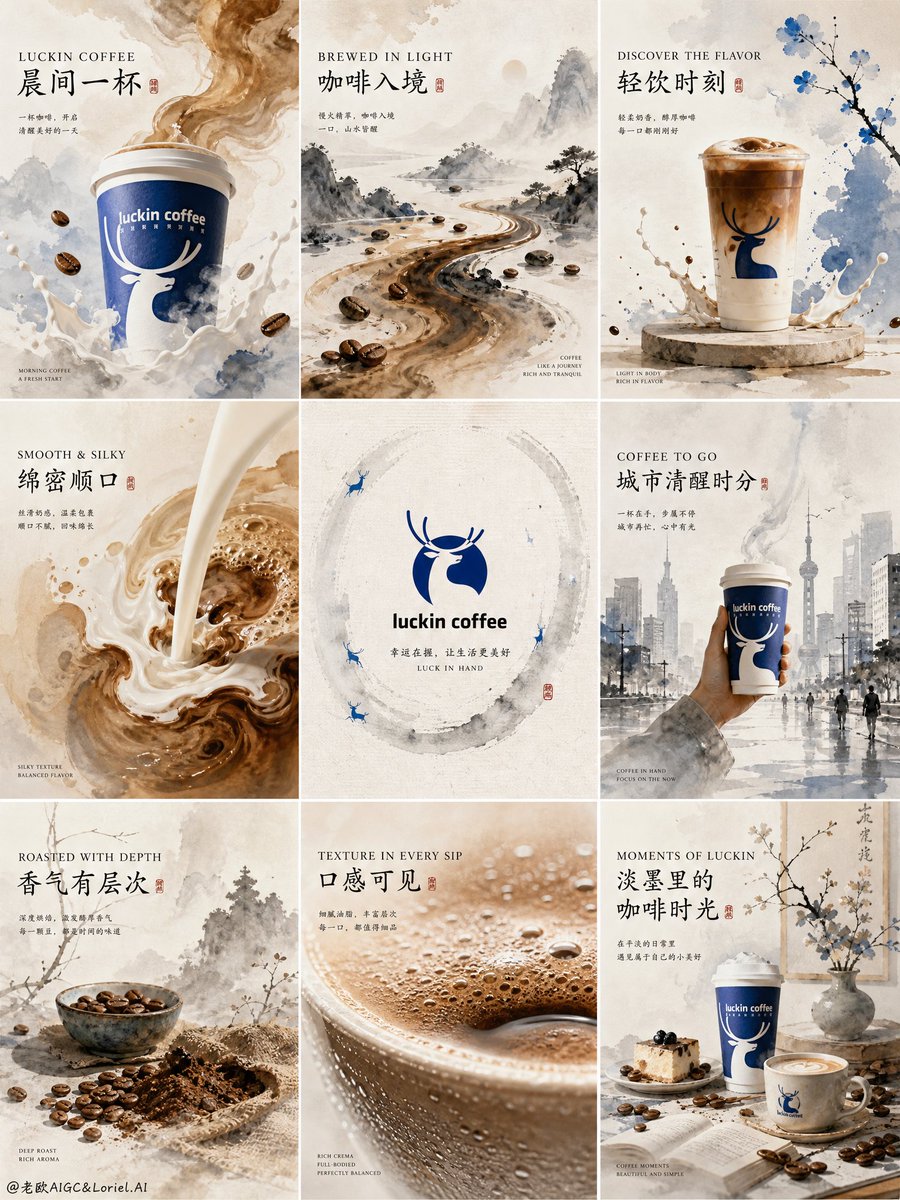 9-grid ink-wash coffee brand campaign board for Luckin Coffee